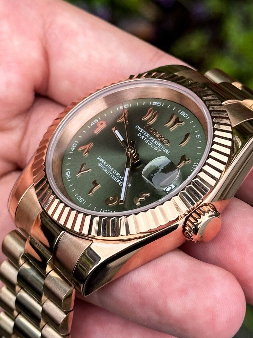 Seiko Mod Datejust Roségold Arabic Olive Dial