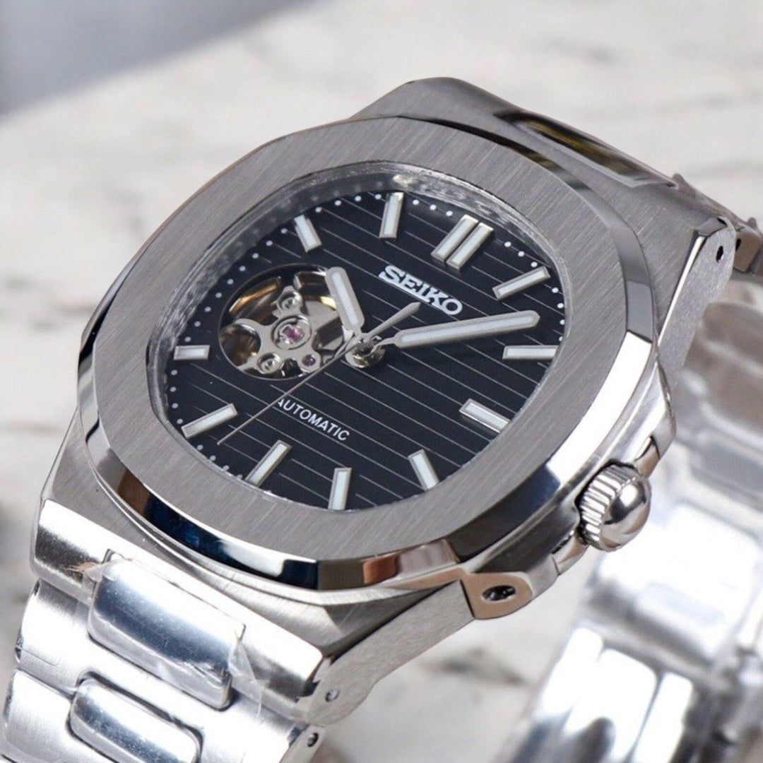 Seiko Mod Nautilus Open Heart Black Dial