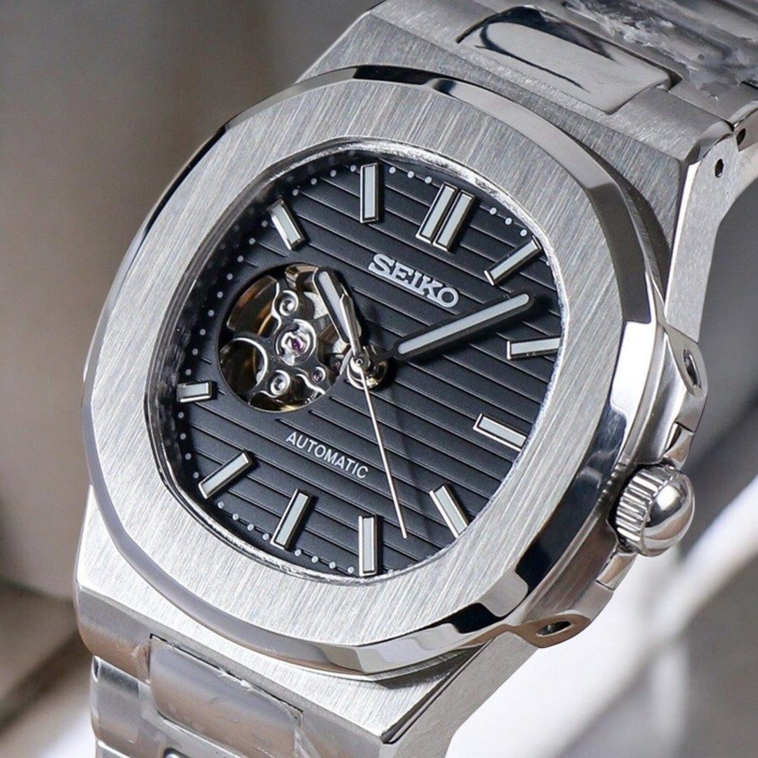 Seiko Mod Nautilus Open Heart Black Dial