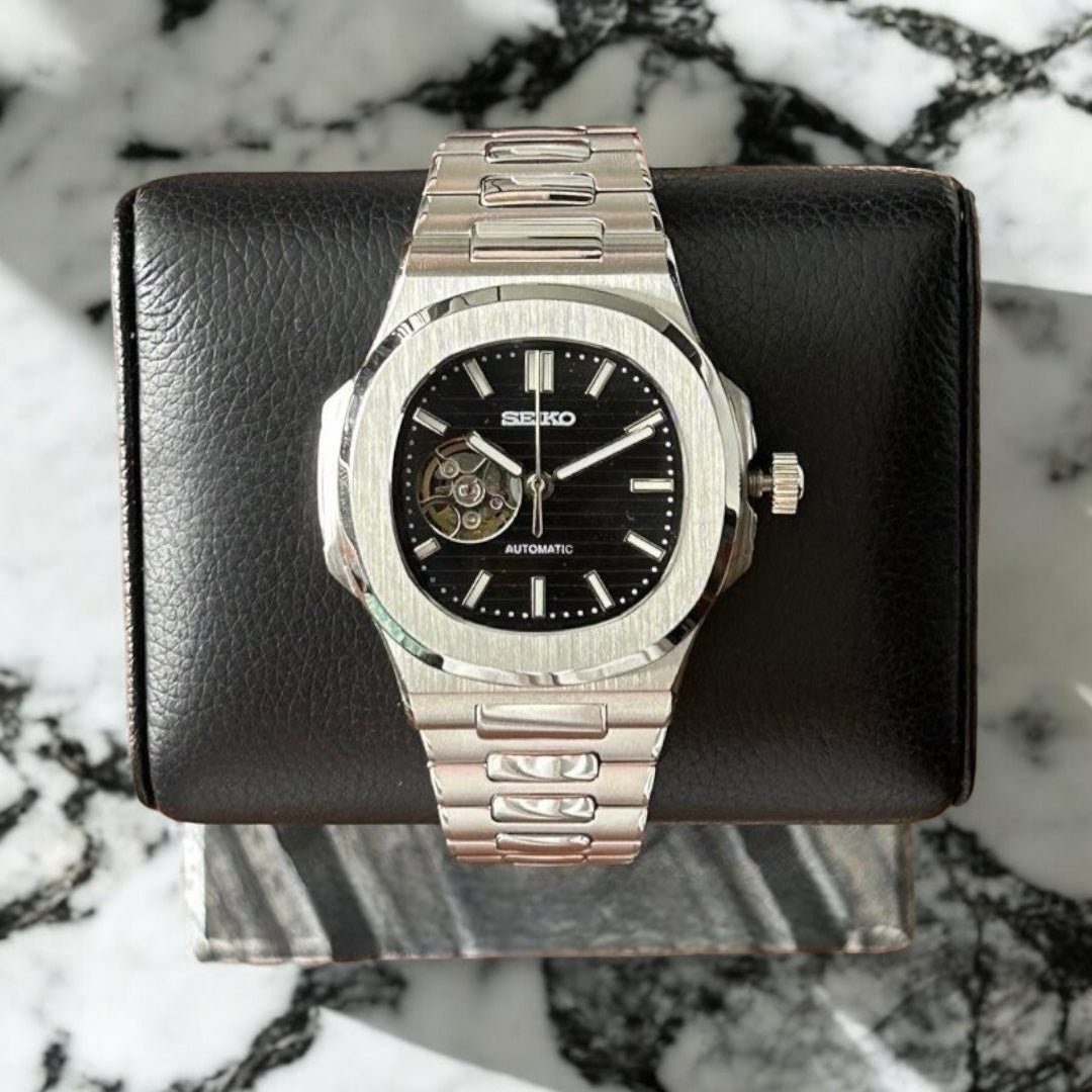 Seiko Mod Nautilus Open Heart Black Dial