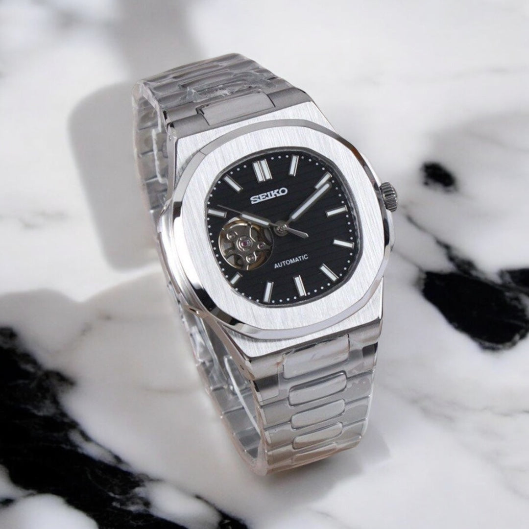 Seiko Mod Nautilus Open Heart Black Dial