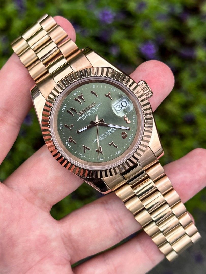 Seiko Mod Datejust Roségold Arabic Olive Dial